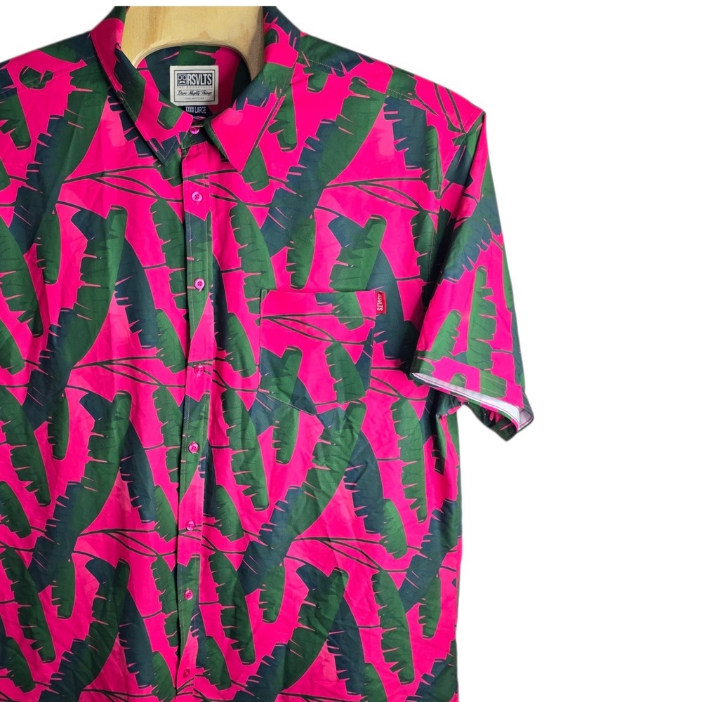RSVLTS Mens 4XL Pink Green Banana Leaf Tropical Kunuflex Short Sleeve Shirt